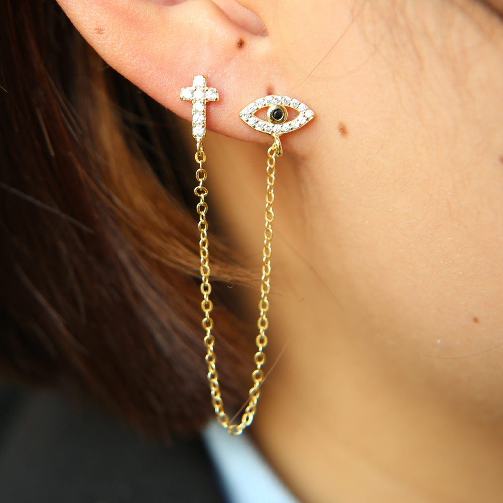 Sterg Sier Double Hole Evil Eye Charm Dangle Earrings