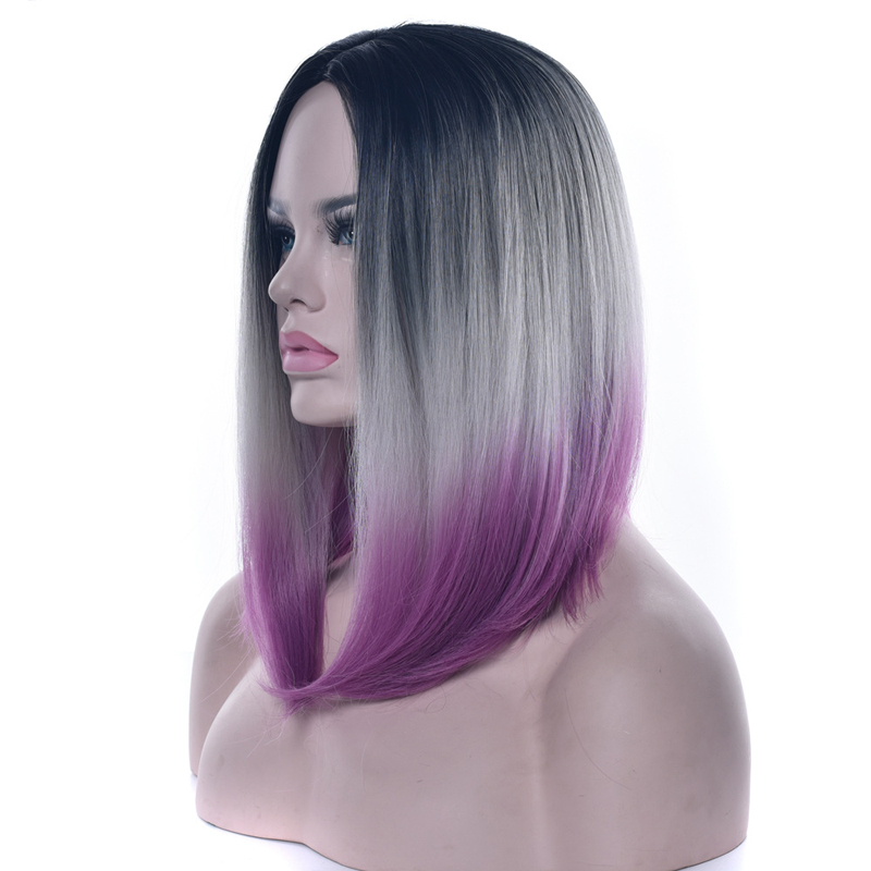 Straight Women Middle Part Full Lace Medium Wigs High Temperature Fiber Three Tone Ombre 14inch Synthetic Hair Pieces