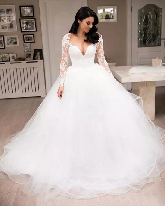 Elegant 2017 Lace Long Sleeve Ball Gown Wedding Dresses Tulle Sheer V Neck Tiered Long Bridal Gowns Custom Made China EN11105