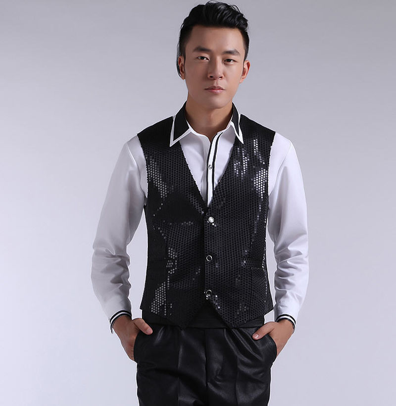 Fall-Paillette Male Sequins Stage Performance Costumes Men Vest Mc Host Clothing Singer Waistcoats Show Sleeveless Jackets D195