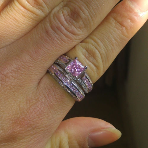 10K White Gold Filled Pink Sapphire Princess Cut Wedding Ring Set for Women
