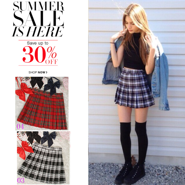 Wholesale- 2017 Hot Midi Pleated Women Skirts High Waist Red A-Line Short Skirts Uniforms School Tartan Plaid Skirt Saias