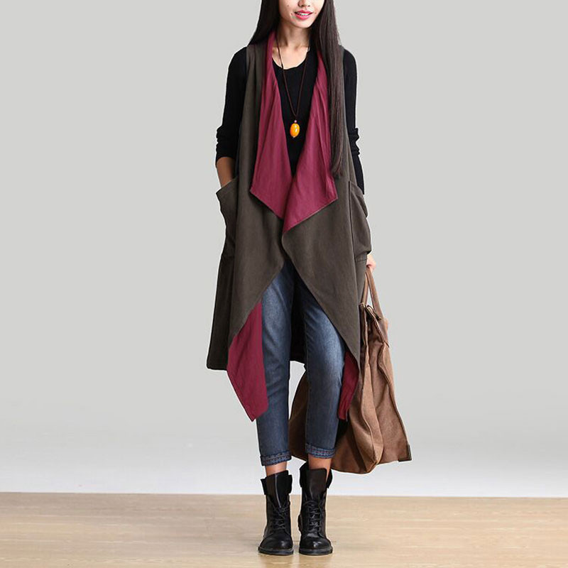 Wholesale-Outerwear 2016 Autumn Women Casual Waterfall Irregular Sleeveless Long Trench Coat Solid Loose Outwear Cardigan Reversible Wear