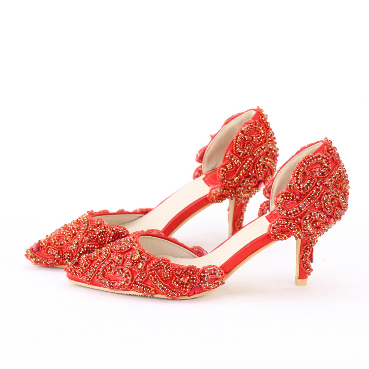 Shining Crystal Beaded Bridal Shoes Appliqued Pure Color Pointed Toe Wedding Accessory Walking Comfortable Various Heel Prom Shoe