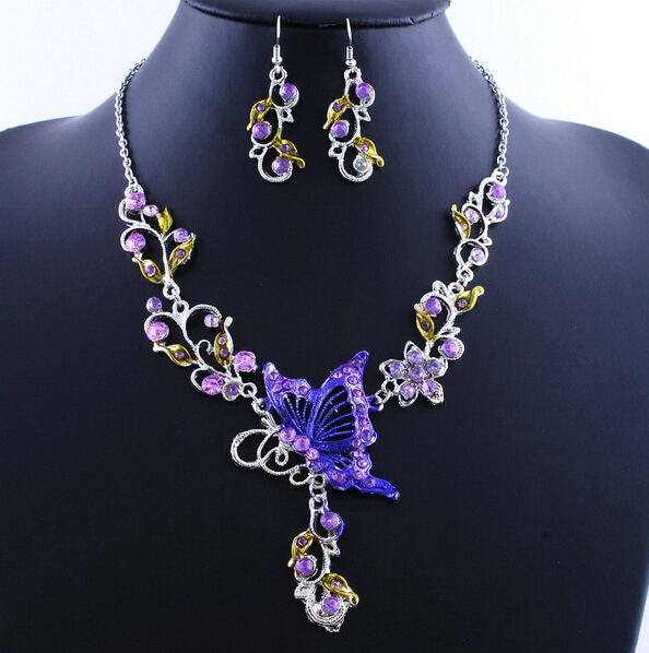6 Colors Women Butterfly Flower Rhinestone Pendant Statement Necklace Earrings Jewelry Set Fashion Jewelry Bridal Wedding Dress Jewelry Sets
