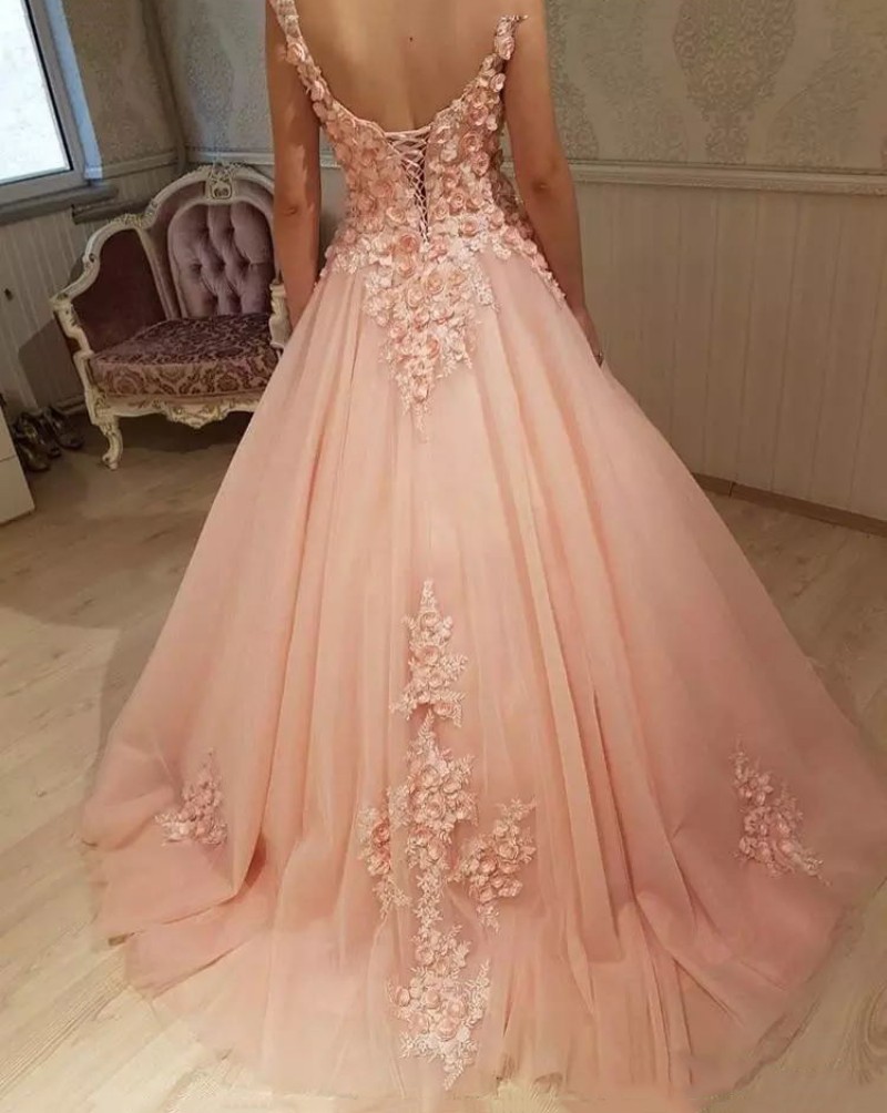 Fashion Prom Dresses Lace Appliques Sleeveless Evening Gowns With D Flowers Lace Up Back A Line Formal Party Dress Up