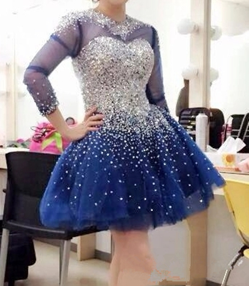 2017 Sexy Long Sleeve Crystal Mini Ball Gown Prom Dresses With Tulle Plus Size Evening Formal Party Gown BP11