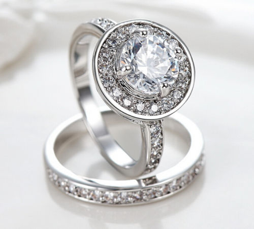 Elegant 6-10 Band Round Cut Topaz Wedding Ring Set in 10k White Gold Fill