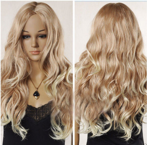 Sexy Women's Long Blonde Mixed Wavy Curly Natural Hair Full wigs + wig gift @@