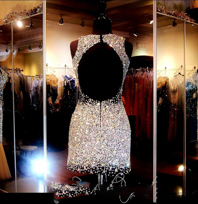 Shiny Crystal 2016 Short Prom Dresses Evening Wear 3 Colors Major Beading Backless Bling Bling Girl Prom Gowns Plus Size