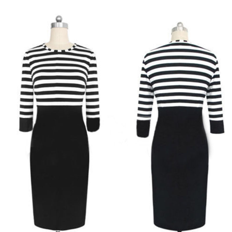 Black And White Striped O Neck Three Quarter Casual Dress Spring Autumn Basic Empire Slim Bodycon Dress Midi Women Work Dress FG1511