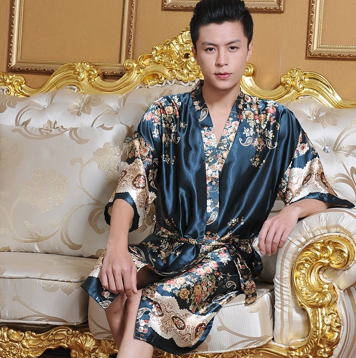 Wholesale-Summer faux silk robe male bathrobe half sleeve silk men sleepwear fashion short-sleeve robe free shipping