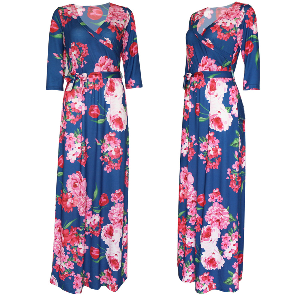 Preself 2017 Women Dress Autumn Sexy V Neck Floral Wraps 3/4 Sleeve Long Maxi Dress With Belt q171118