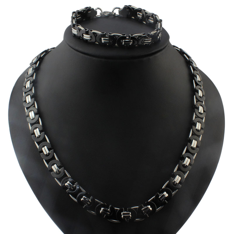 Best Quality Jewlery Set 8mm Black Silver Flat byzantine chain necklace & bracelet 316L Stainless Steel for Husband / Father Gift jewelry
