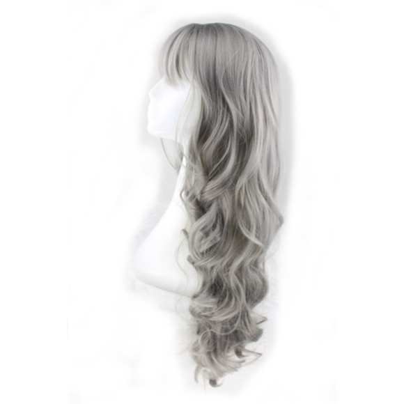 grey wig with neat bangs long curly synthetic natural wavy wigs grandmother gray hair women