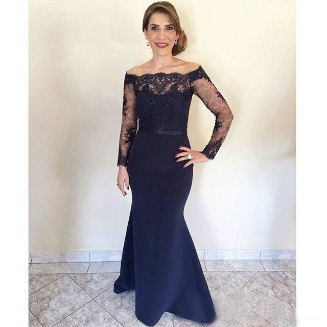Elegant 2016 Navy Blue Lace Off Shoulder Long Sleeve Mermaid Mother Off Bride Dresses Modest Satin Trumpet Long Formal Gowns EN1304