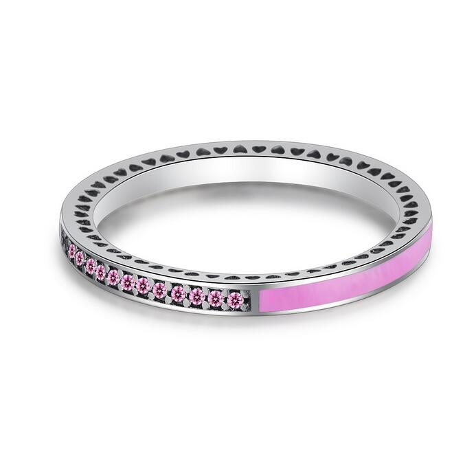 Size 5-9 Luxury Jewelry 925 Sterling Silver Radiant Hearts Orchid Pink Enamel & Cerise Crystals Sapphire Finger Ring for Women Wedding Gift