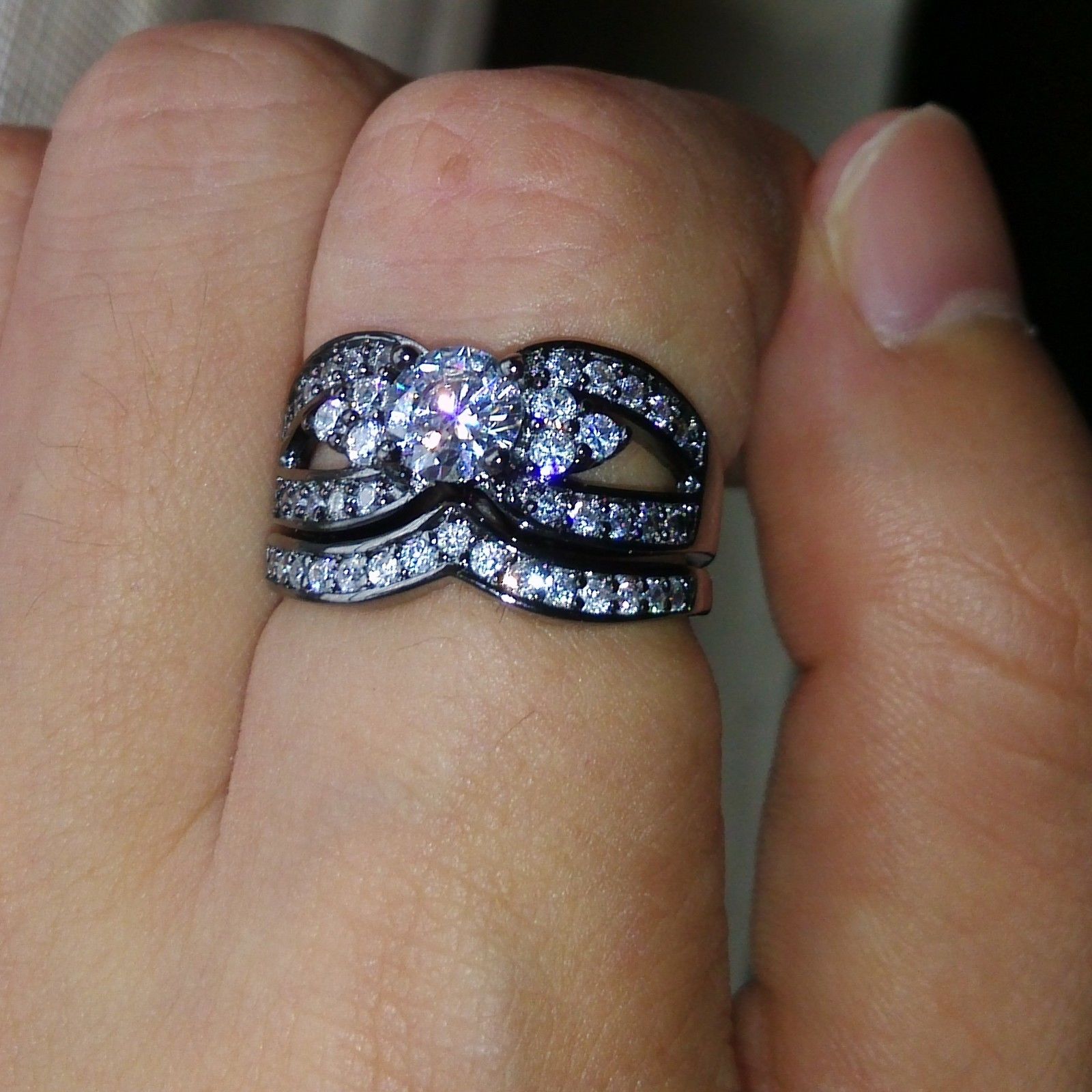 Engagement Ring Set: 10k Black Gold Filled White Topaz CZ Gem Simulated Dia, Size 5-10