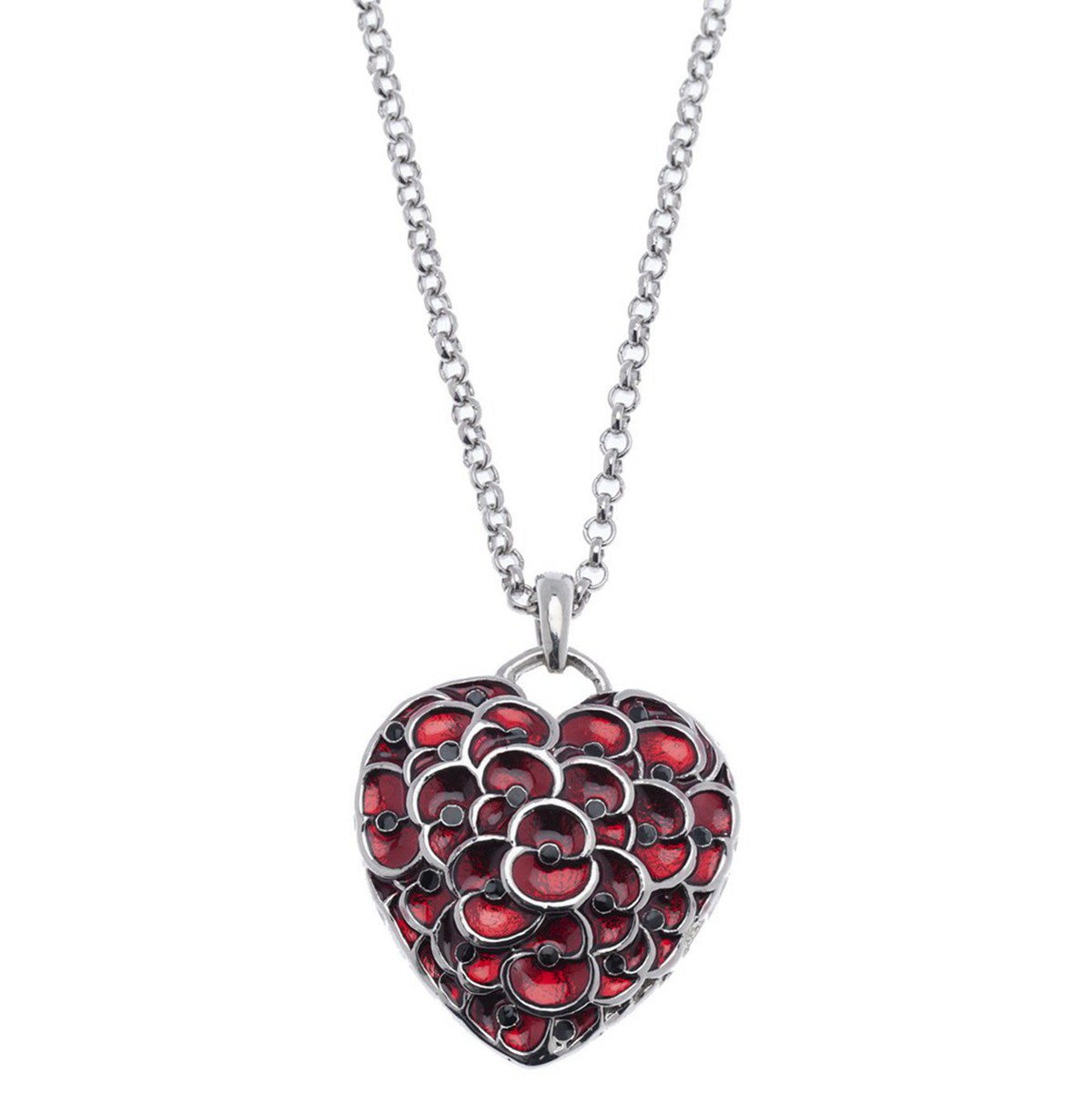 NEW Ruby Red Enamel Heart Poppy Pendant Necklace Jewelry British Stylish Remembrance Souvenir White Gold