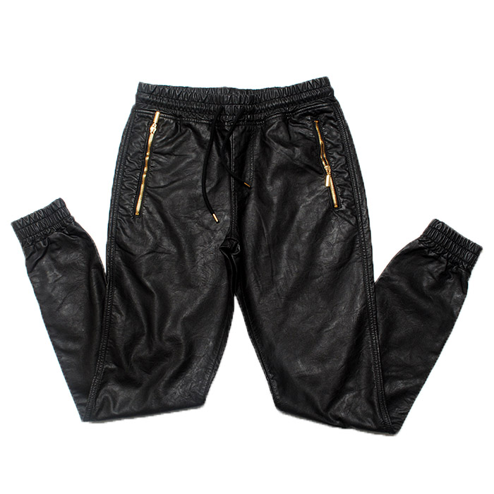 Wholesale-Top Quality Mens Leather Pants Gold Zipper HipHop Pants Trackpants Perfect Fit Slim Motorcycle Leather jogger Pants EUR Size