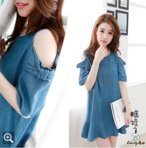 2015 Summer New Fashion Plus Size Strapless Lotus Sleeve Round Neck Short Sections Dress Women's Solid Denim Dress Free Shipping FG1511