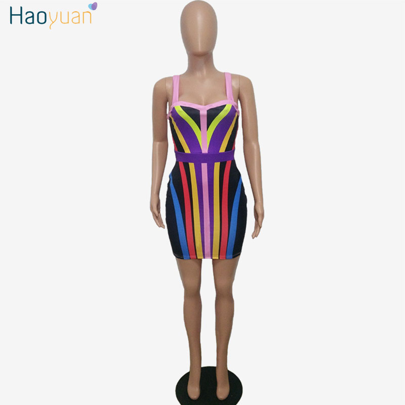 HAOYUAN Women Summer Sexy Dress Night Club Vestido V Collar Bandage Striped Dresses Backless Spaghetti Strap Tight Bodycon Dress q1110
