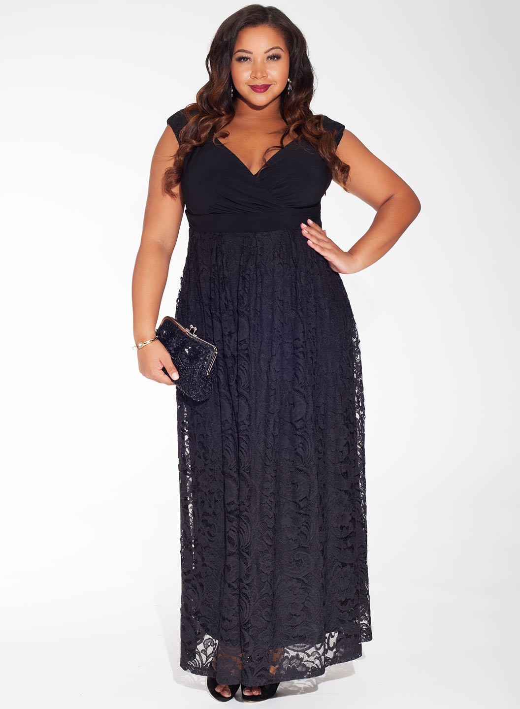 Top Fashion Plus Size Black Lace Prom Dress A Line Ankle Length V-Neck Hollow Capped Evening Gowns Prom Dresses