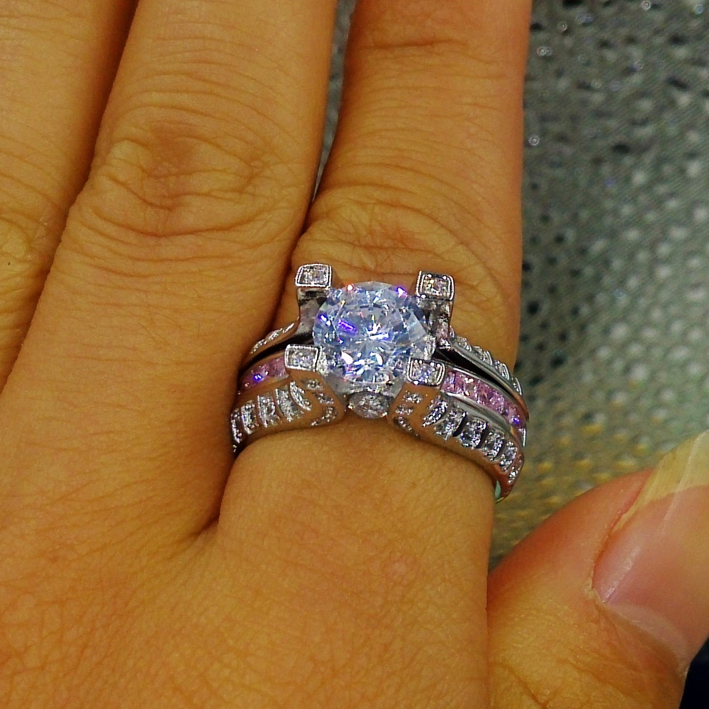 Retro 10K White Gold Filled Pink Sapphire Gem Engagement Ring Set | 5-10 US Sizes