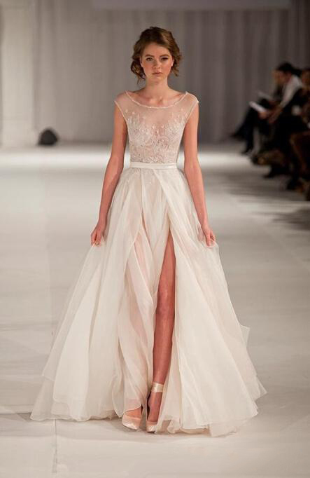 Elie Saab Dress Sheer Backless Evening Gowns Cap Sleeve Beaded Embroidery Long Tulle Prom Dresses with Side Slit