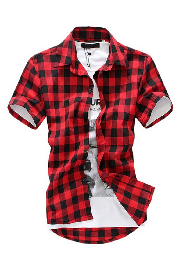 Men's Young Adult Casual Cotton Linen Plaid Button-up Short Sleeve Turn-Down Collar Slim Fit Student Shirt Top Outwear M-2XL Multicolor