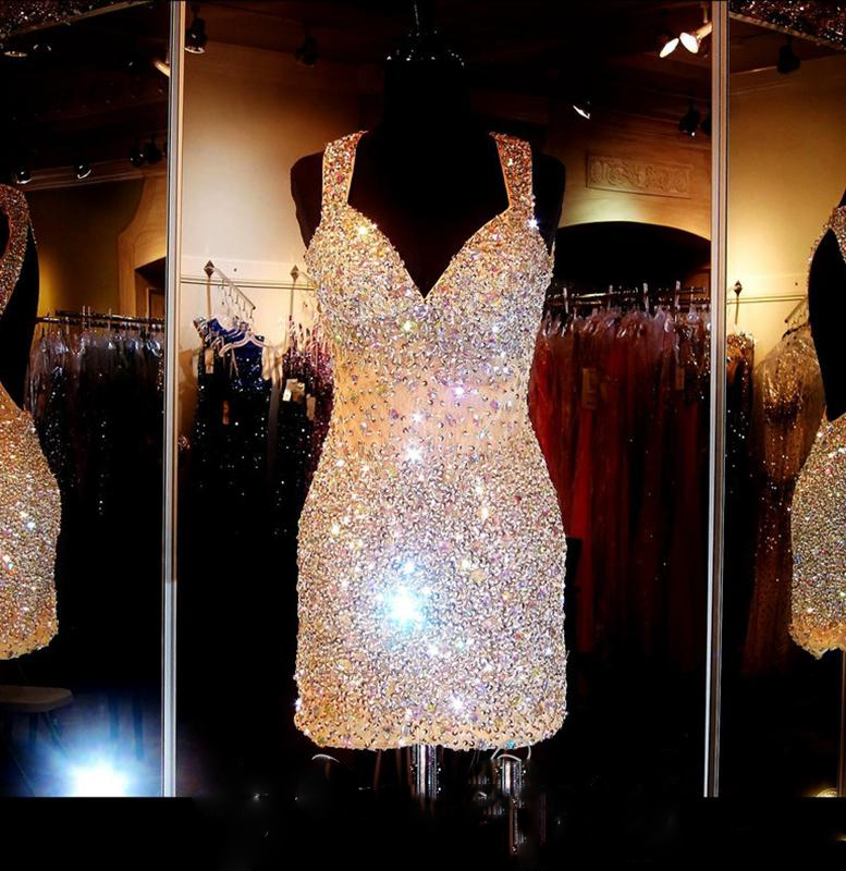 Shiny Crystal 2016 Short Prom Dresses Evening Wear 3 Colors Major Beading Backless Bling Bling Girl Prom Gowns Plus Size