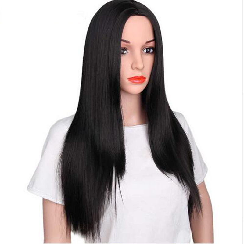 Fashion Long Straight Hair Cosplay Wig Party Black Heat Resistant Middle part Women Synthetic Free Wig Cap