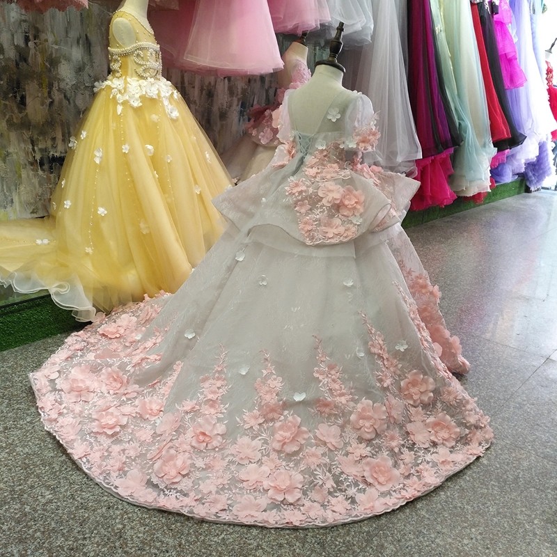 laceup sweep train 3d flowers cute kids formal wear short sleeves new arrival jewel flower girl dresses
