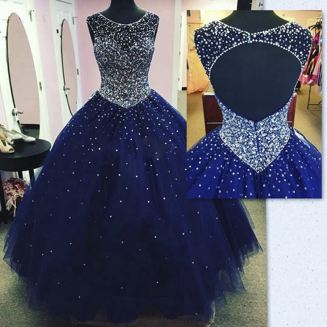 Dark Blue Prom Dress Quinceanera Dresses Masquerade 2021 Sheer Neck Backless Bling Crystal Pageant Dresses For Sweet 16