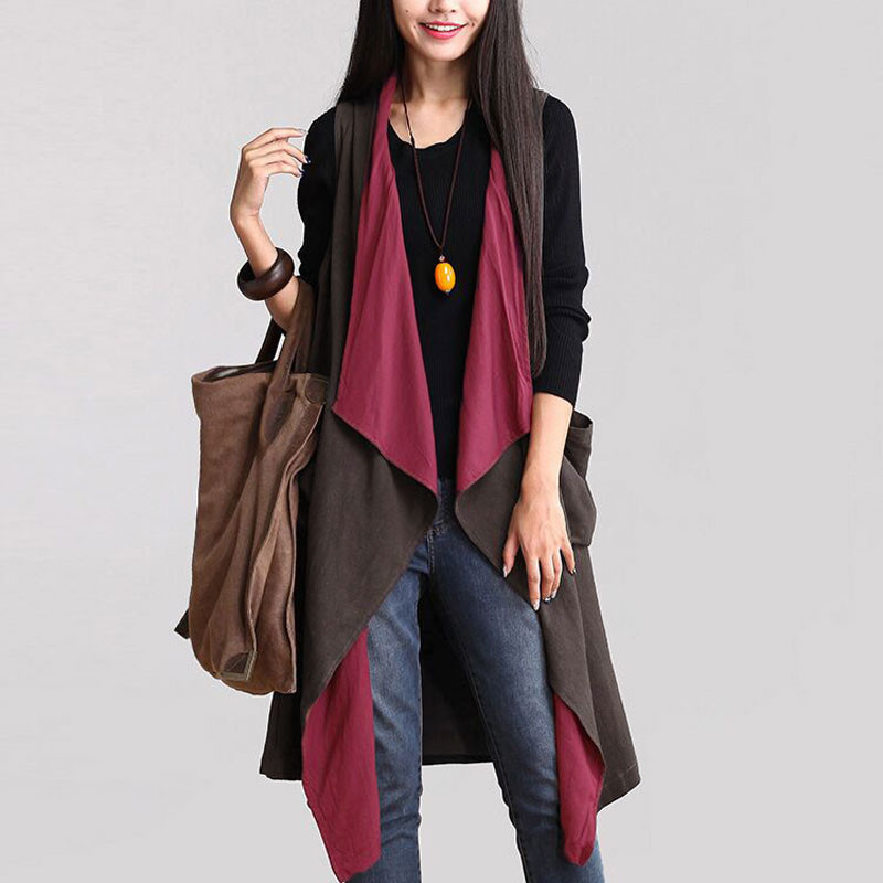 Wholesale-Outerwear 2016 Autumn Women Casual Waterfall Irregular Sleeveless Long Trench Coat Solid Loose Outwear Cardigan Reversible Wear