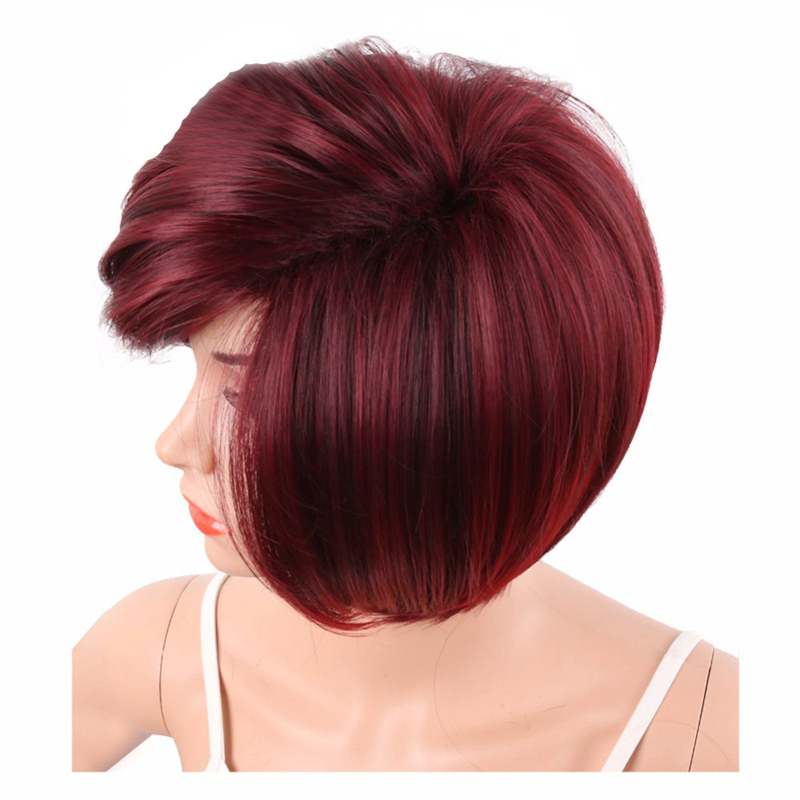 Wine Red Short Pixie Cut Synthetic Wigs For Black Women With Side Bangs Natural Straight Heat Resistant Party Full Wig
