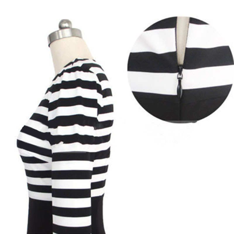 Black And White Striped O Neck Three Quarter Casual Dress Spring Autumn Basic Empire Slim Bodycon Dress Midi Women Work Dress FG1511
