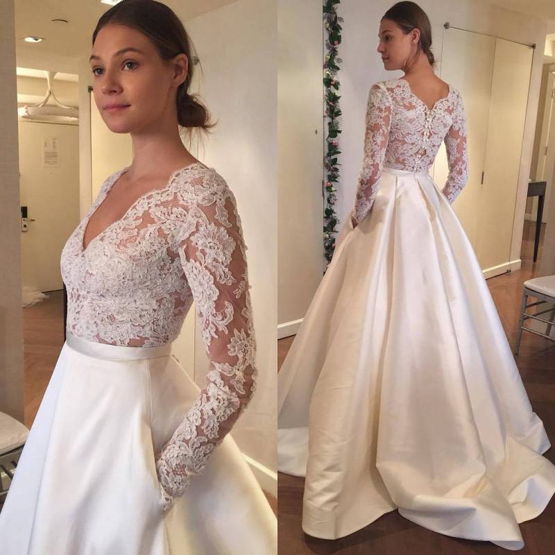 Fashion Lace Wedding Dresses With Long Sleeves A Line V Neck Pocket Bridal Gowns Vestido De Novia Sweep Train Satin Wedding Dress, Silver
Fashion Lace Wedding Dresses With Long Sleeves A Line V Neck Pocket Bridal Gowns Vestido De Novia Sweep Train Satin Wedding Dress, Silver
