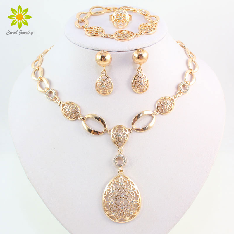 Fashion Vintage Clear Crystal Gold Plated African Bridal Costume Jewelry Sets Nigerian Wedding Water Drop Necklace Earrings Set