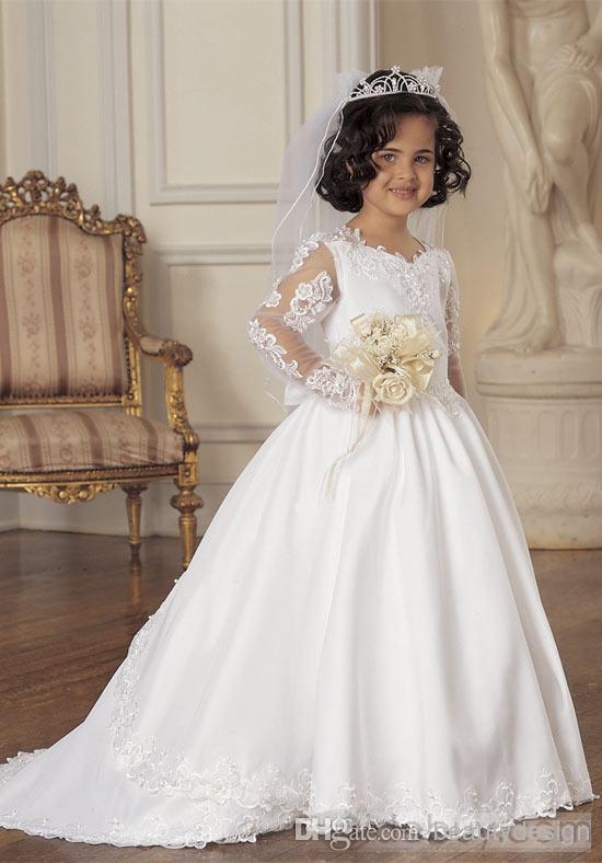 Custom Made flower girls dresses for weddings Party Cheap satin applique lace sweep train long sleeves little flower girl dresses children