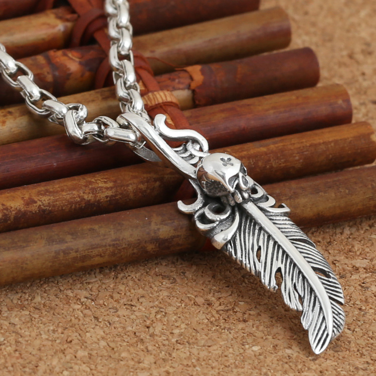Personalized Brand new 925 sterling silver fashion jewelry necklace pendant American vintage style cute feather & skull free shipping gift