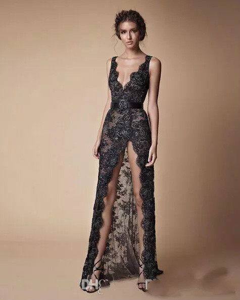 2018 Sexy Berta Prom Dresses Full Lace Applique Beads Deep V Neck Front Split Long Evening Dress Formal Party Wear