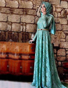 Muslim Evening Dresses A-line Long Sleeves Mint Green Lace Hijab Islamic Dubai Abaya Kaftan Long Evening Gown Prom Dress