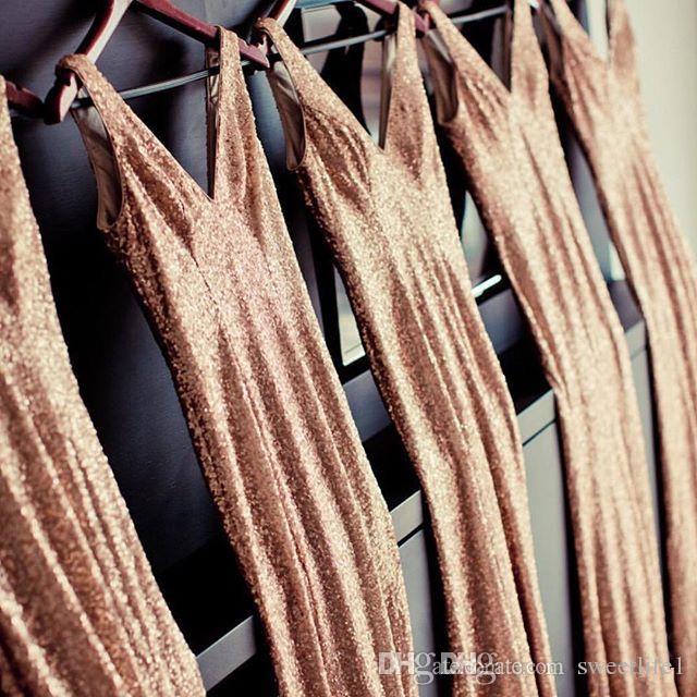 2019 Champagne Sparkling Cheap Bridesmaid Dresses Backless Sexy V Neck Sequins Bling Bling Sleeveless Mermaid Maid of Honor Gowns 2024