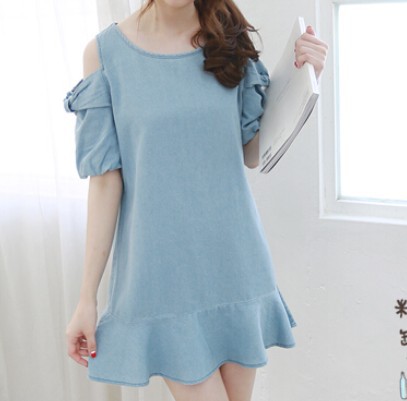 2015 Summer New Fashion Plus Size Strapless Lotus Sleeve Round Neck Short Sections Dress Women's Solid Denim Dress Free Shipping FG1511