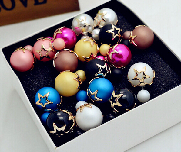 High Quality New Fashion Paragraph 2015 Double Side Shining Colorful Pearl Stud Earring For Women Hot Sale