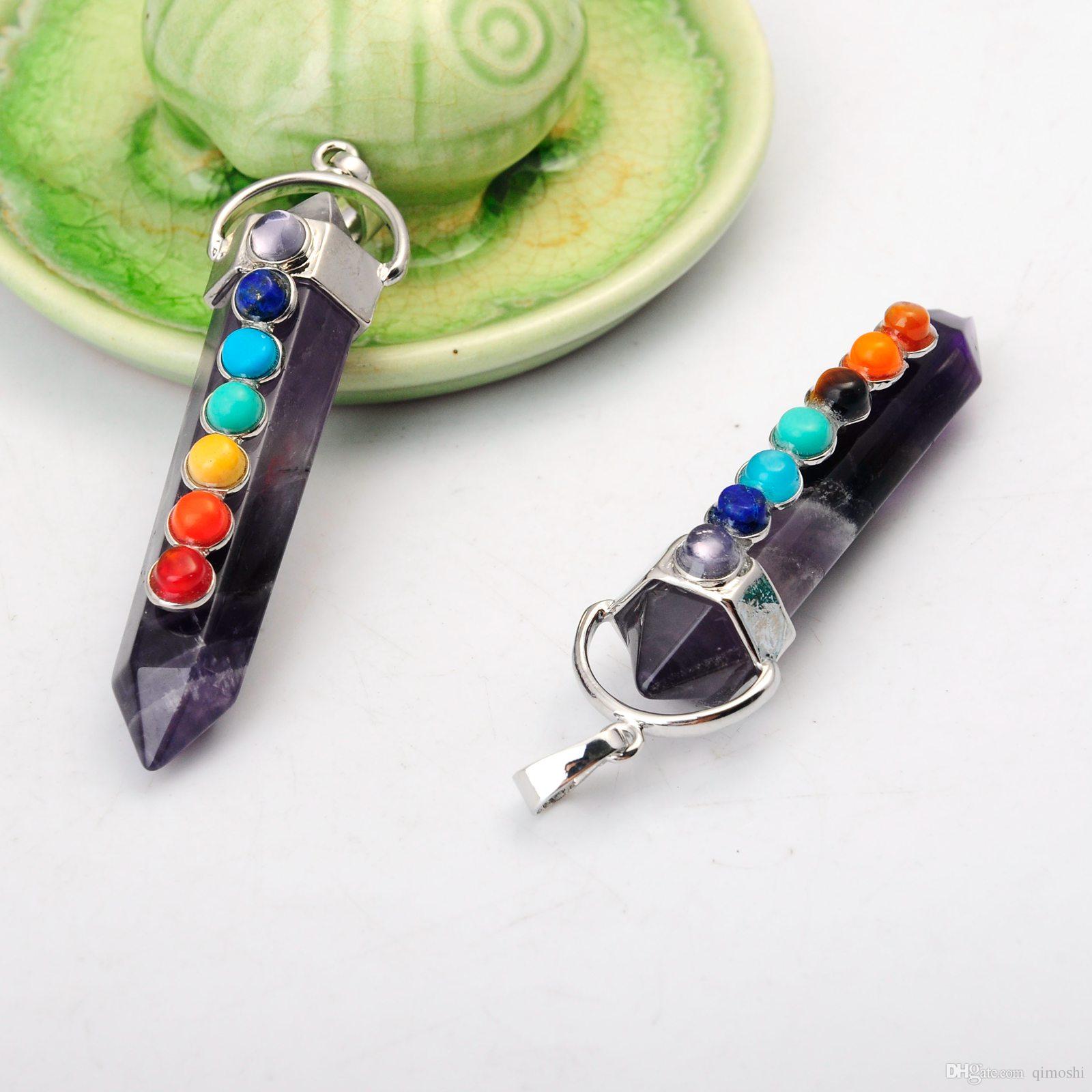 Wholesales 2018 New style Natural Amethsyt Reiki Power Gemstone necklace Pendant with 7 crystal and silver findings 1PCS for fashion