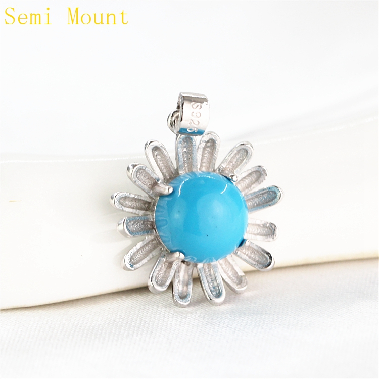 Sterling Silver 925 Flower Trendy Women Semi Mount Pendant Gold Plated 8mm Round Cabochon Amber Agate Setting fit Pandora Style Necklace