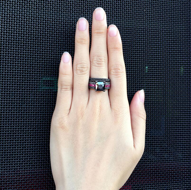 His & Hers Couple Rings Set: Black Gold Filled Sapphire Gemstones Wedding Set