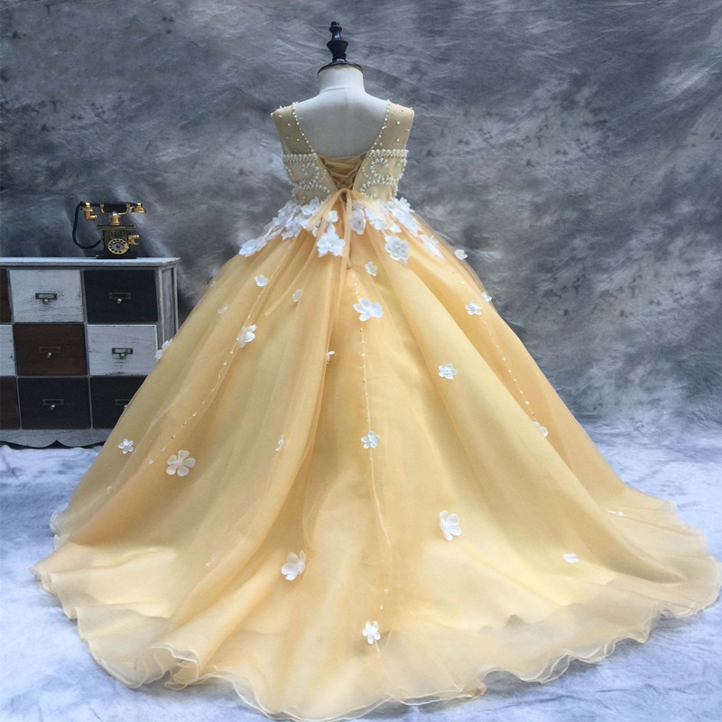 pearls major beading floor length jewel custom made light yellow color kids formal wear applique flower girl dresses